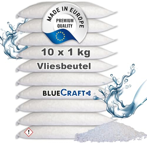 Bluecraft - 10x 1kg PREMIUM Luft-Entfeuchter Nachfüllpack Calciumchlorid Prills im Vliesbeutel | Effektiv & Schnell | Raumentfeuchter ohne Strom | Feuchtigkeitskiller
