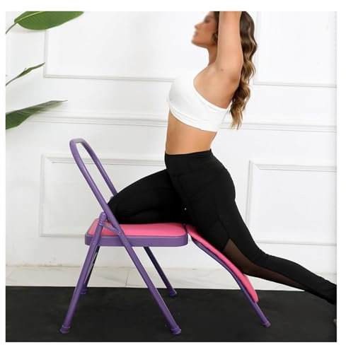 MZZKFC Yoga Stuhl Tragbarer Yoga-Stuhl Mit Lendenwirbelstütze Und Fußstütze, Lila Yoga Assist Klappstuhl, Balance Inversion Training Tool Für Pushups/Core Workout
