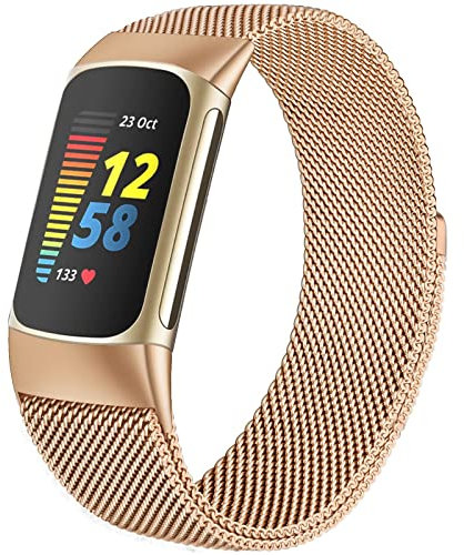 omee Compatible with Fitbit Charge 6/Charge 5 Strap for Women Men, Magnetic Clasp Stainless Steel mesh Loop Adjustable Metal Band Replacement for Charge 6/Charge 5 Advanced Fitness & Health Tracker