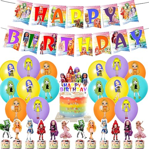 30PCS Rainbow Doll Geburtstag Party Rainbow Doll Dekorationsset Geburtstagsparty Dekorationen Rainbow Doll Happy Birthday Banner Torteneinlage Cupcake Topper Kinderthemenparty Luftballons