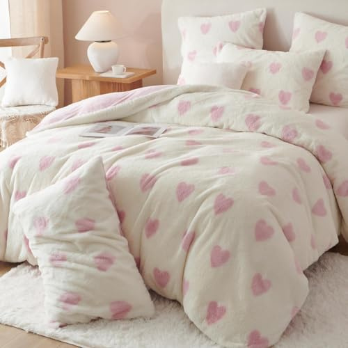 Sedefen Plüsch Bettwäsche 135x200 cm Flauschig Kunstfell,Rosa Herzen Bettwäsche Mädchen Warme Winterbettwäsche Shaggy Flanell Bettbezug und 1 Kissenbezug 80x80cm mit Reißverschluss