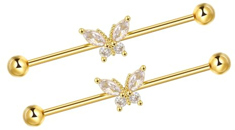 16G 14G Butterfly Industrial Piercing Jewellery 38mm Barbell Scaffold Piercing Earrings CZ Industrial Bar Cartilage Piercing Jewellery