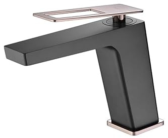 GALYON IMEX Grifo Monomando Lavabo - SERIE SUECIA Grifo de Latón Acabado en Negro Mate con Complementos en Oro Rosa Brillo, Cartucho Cerámico de Ø26 mm TOP, Diseño Moderno y Funcional.