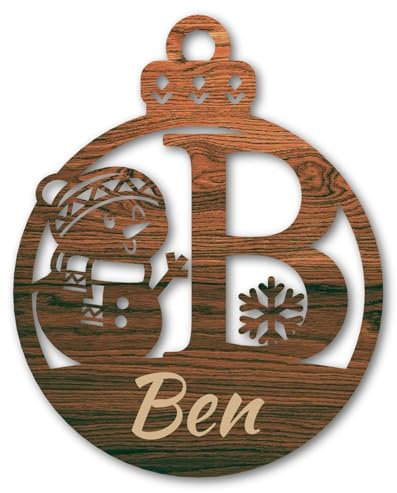 Urhome Weihnachtskugel personalisiert mit Wunschtext Gravur Buchstabe B mit Schneeman Motiv Dunkel Braun - Ornament Christbaumschmuck Weihnachtsdeko Weihnachtsbaum Anhänger aus 6,5mm Holz