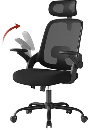 WOLTU Bürostuhl Ergonomisch, Schreibtischstuhl, Netzstoff Schwarz | Verstellbarer Kopfstütze, Lendenwirbelstütze, Wippfunktion, Klappbare Armlehnen, Arbeitsstuhl für Büro, Homeoffice
