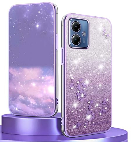 BORYA Silicona Funda para Motorola Moto G14, Ultradelgado Antigolpes Carcasa, Suave TPU Estuche, Elegante Galvanoplastia Brillo Flores Caso con Tarjeta Gradiente, Morado