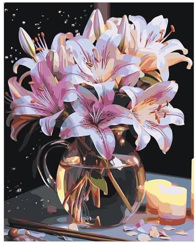 Cooiiye Rosa Lilien Malen Nach Zahlen Erwachsene DIY ohne Rahmen Handgemalt Ölgemälde Leinwand Kits mit Pinsels und Acrylfarbe Pigment Paint by Numbers für Home Wand Decor Geschenk 40x50 cm