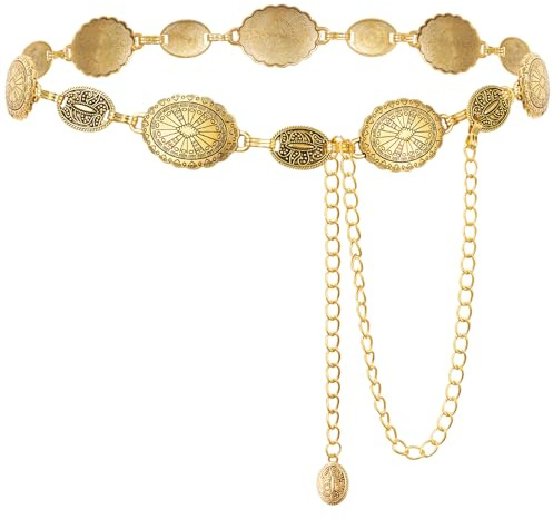 MELLIEX Cintura Gioiello Donna, Cintura a Catena Concho in Metallo Moda Vintage, Oro, Regolabile, Sottile in Vita per Vestito Jeans