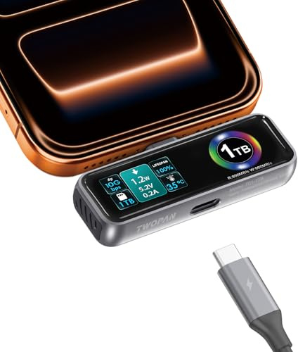 TWOPAN Magnetische tragbare iPhone-SSD für ProRes 4K 60fps Videoaufnahmen, 1 TB externer Superspeicher für iPhone 17/16 Pro/Pro Max, iMac/MacBook, LCD-Display, USB-C PD 3.0 Port, integrierter Lüfter
