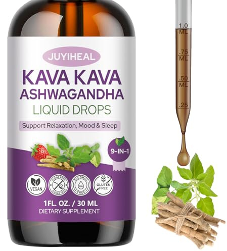 JUYIHEAL 9-in-1 Kava Kava Liquid Drops, 2Pack Kava Root Liquid Extract Supplement with Ashwagandha, Lemon Balm, Valerian Root, Magnesium for Relaxation, Cognitive Support, Sugar Free, Vegan, 1 Fl Oz