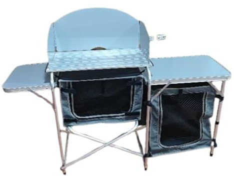 CAMP SOLUTIONS Folding Cooking Table Outdoor Portable Cook Station Aluminum Camping Kitchen with Storage Organizer, Windscreen, Hooks for BBQ, Party (Silver)