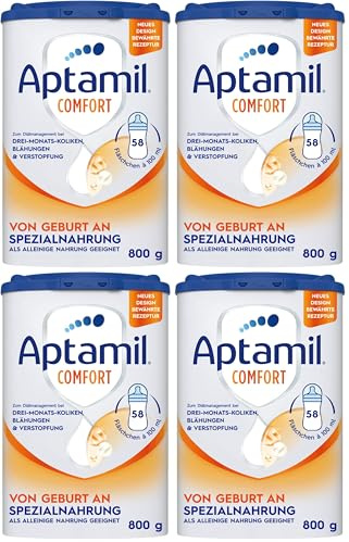 Aptamil Comfort – Spezialnahrung von Geburt an, Zum Diät Management, Bei Koliken, Blähungen & Verstopfungen, Palmöl, Milchpulver, 1x 800 g (Packung mit 4)