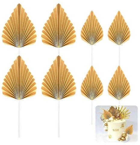 8Pcs Palm Fan Cake Toppers, Scallop Leaves Fan Pick Insert Decoration for Decorating DIY Craft Project Home Wedding Party Décor, Gold