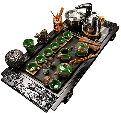 MYVVKIA Juego de té Kungfu, Tetera automática para el hogar, Cocina eléctrica, Taza de té, Mesa de té, Bandeja de té de Madera Maciza, Juego de té de cerámica