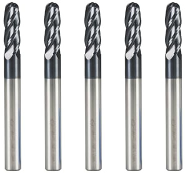 KBISHTIE 5PCS 1/4'' Ball Nose Carbide End Mill,4 Flute End Mill Bits, AlTiN - BlackNano Coating, CNC Cutting Tools for Stainless Steel, Aluminum, Hardened Steels, High Temp Alloys, 5, 1/4