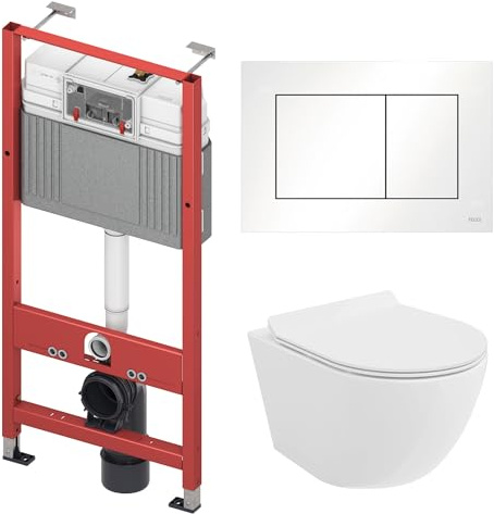BADLAND WC-Vorwandelement Set TECEbase mit Wand-WC Rolo Weiß, Schallschutzmatte & Betätigungsplatte Weiß – Komplettset für Trockenbau & Vorwandinstallation