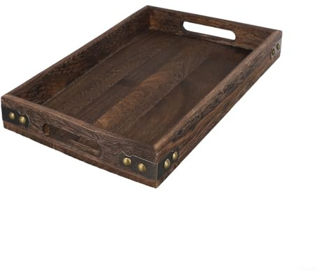 Plateau de service en bois massif avec poignée, élégant et rétro avec coins en fer pour petit déjeuner, collations, table basse, facile à nettoyer (S 32 x 20 x 4 cm)