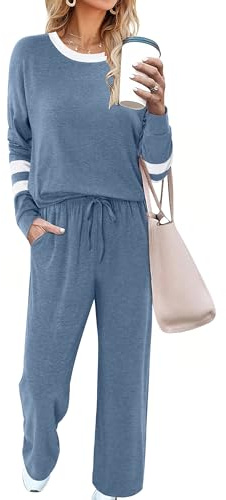 Magritta Womens Co Ord Sets Travel Airport Outfits Ladies Tracksuit Sets Plus Size Crewneck Pullover Top and Long Trousers Fall Winter Long Sleeve Two Piece Outfit Light Blue Medium, 12-14