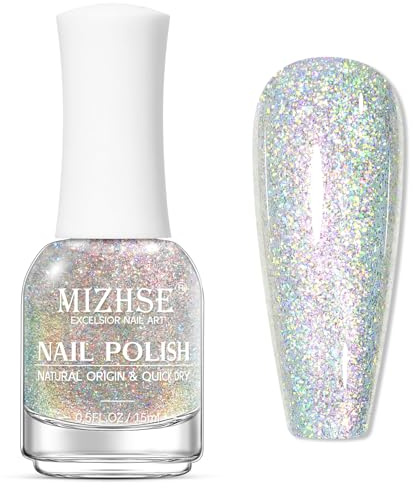 MIZHSE Glitzer Nagellack Ohne UV Silber Nail Polish Schnelltrocknend | Schnell Trocknend, Ohne UV Lampe, Glitzer Effekt Nail Polish, 15ml
