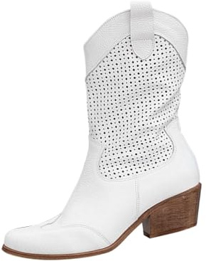 Generisch Stivaletti da cowboy estivi da donna in pelle scamosciata, motivo traforato, slip-on, bianco, 42 EU