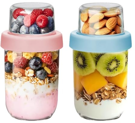 WEELOO Overnight Oats Jars with Lids, 100ML+500ML Dual-Layer Breakfast Pots | Glass Overnight Oat Container for Dry-Wet Separation, Mason Jar Yogurt Pot for Nuts Jelly Salad Grains Fruits (2)