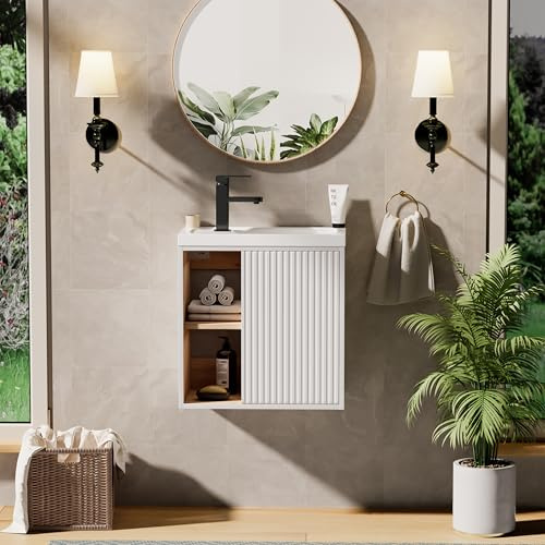UEV 500 mm Wall Hung Vanity Unit with Resin Sink, Space-Saving Storage Cabinet, Modern White Line Design, Wall Mounted Cloakroom Basin