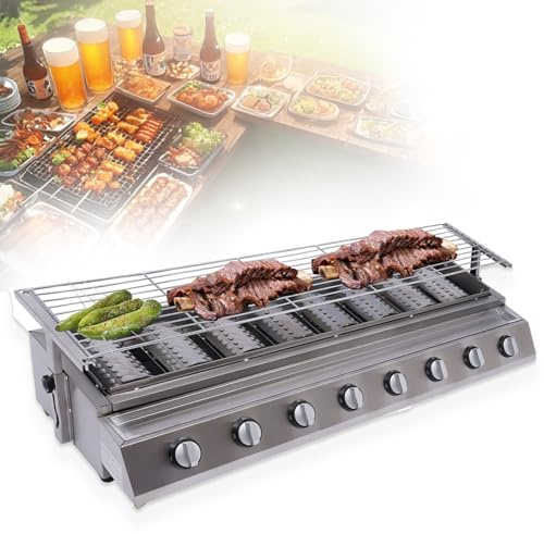 MINHUIJIHUI Barbecue À Gaz Professionnel 4/8 Brûleurs - Plancha Gaz avec Grille Démontable - Brûleurs Indépendants Céramique - Hauteur Variable 0-9Cm pour Balcon
