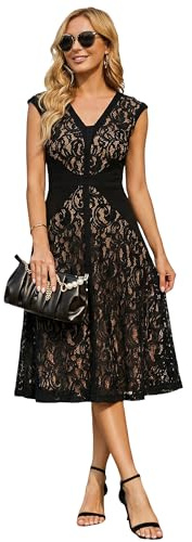 Ever-Pretty Robe de Cocktail Encolure en V sans Manche Dentelle Midi Robe évasée Noir 44