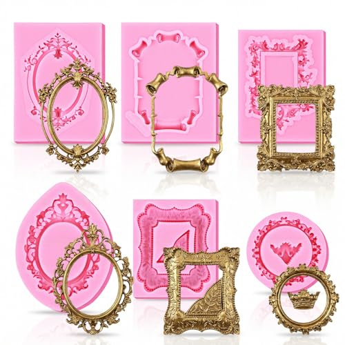 RAHHLIZS 6pcs Picture Frame Mould Baroque Photo Frame Silicone Mould, Mini Picture Frame's Style Chocolate Fondant Treat Dry Clay Moulds, Silicone Moulds for Crafts