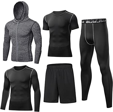 BUYJYA 5-teiliges Herren-Kompressionshose, Shirt, Oberteil, langärmelig, Sport-Sets, Fitnessstudio, Kleidung, Herren-Workout