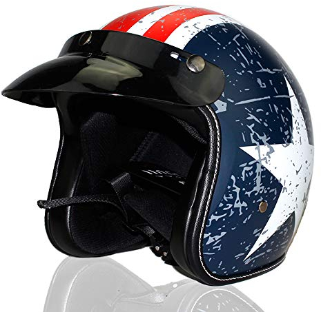 Woljay 3/4 Offener Sturzhelm, Helmet Motorrad-Helm Jet-Helm Scooter-Helm Vespa-Helm Halbhelme Adult Helm Flat mit Rebellen Blau + Weiß Star Graphic (XXL)