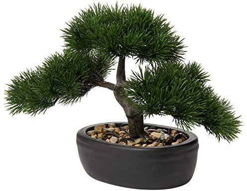 Kunstbonsai Naturgetreue Künstliche Pflanze Kunstbaum Bonsai Zeder Kiefer Podocarpus Plastik Pflanze Kunstpflanze mit Keramik-Übertopf in Schwarz für Baddeko Desktop Büro Fensterbank