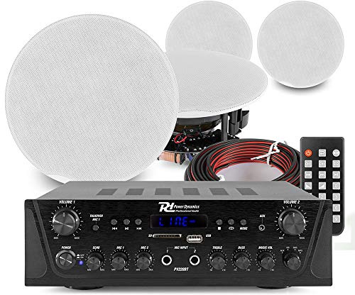 Power Dynamics 2-Zone Bluetooth Ceiling Speaker System - Complete Home Audio Kit with PV220BT Amplifier, 4x FCS6 Ceiling Speakers & Cables, Multiroom Installation Set