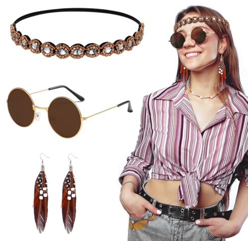Hippie Accessoires, Hippie Brille + Feder Ohrringe + Boho Haarschmuck, Hippie Zubehör, Hippie Kostüm für 60er 70er Jahre Mottoparty Fasching Karneval Halloween ST-TOY-A34
