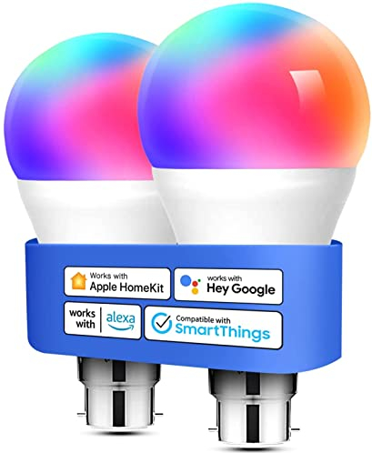 meross Smart Bulb Alexa Light Bulb B22 Works with Apple Homekit, Alexa, Google Home, Siri Voice Control Dimmable Multicolor LED Light Bulb Equivalent 9W (60W Equivalent) 2 Pack