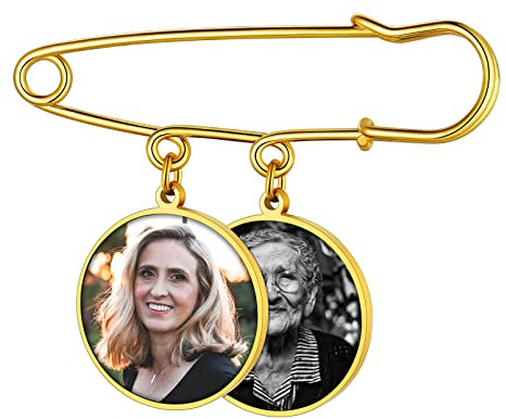 Custom4U Personalisierte Damen Brosche Gold Memorial Brautstrauß Anhänger mit Fotogravur Edelstahl 2x Rund/Herz/Oval Fotoanhänger Broschen & Anstecknadeln für Hochzeit Weihnachten Geburtstag