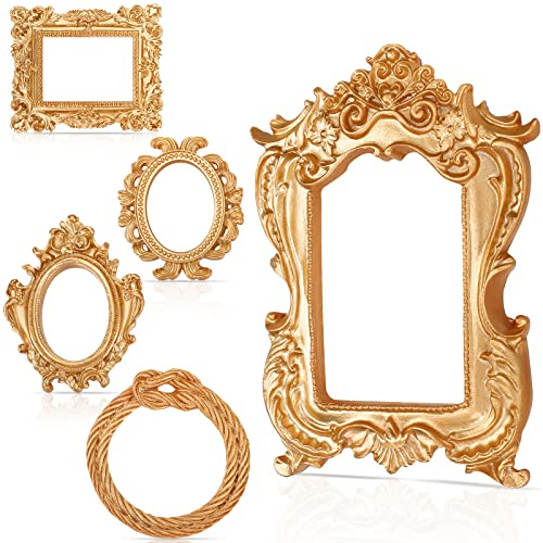 5 Pieces Vintage Resin Picture Frame Antique Vintage Photo Frame Mini Oval Rectangle Gothic Frames Hanging Photo Frame for Home Wall Jewelry Display Hotel Decor, Without Glass or Backing