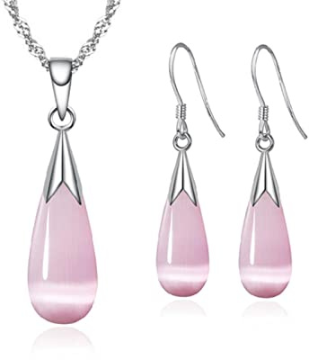 Lucky angel Schmuckset aus reinem 925er Sterlingsilber, einfache weiße rosa Wassertropfen, Opal, Katzenauge, Steine, Anhänger, Halskette/Ohrhänger/Kette