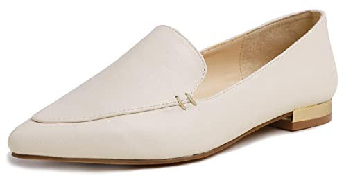 Feversole Loafer för kvinnor platt spetsig mode slip-on komfort körning kontorsskor, Beige korn veganskt läder, 40 EU