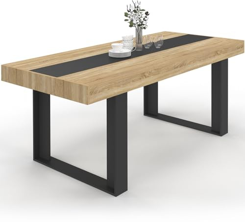 IDMarket - Mesa de comedor rectangular Phoenix 8 plazas de madera y negro con banda central negra 200cm
