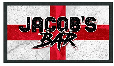 Personalised England Flag Bar Runner, England Sport Football or Rugby Supporter Bar Gifts, Home Pub Accessories for English Dad or Grandad, Custom Bar Name Bar Mat, Small - 440x250, White