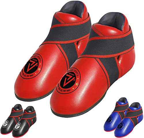V.Sports Kickboxing tae-kwondo träning halvkontakt eller full kontakt sparkstövlar svart röd blå kampsport träning fotskydd (små/barn 7-10 år, röd)