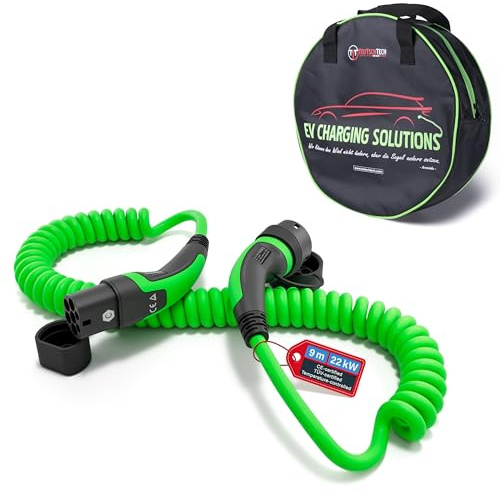 TEUTSCHTECH, Typ 2 Ladekabel Spiral Elektroauto | 22kW | 3-phasig 32A | Mode 3 | 7 m | Typ 2 - Typ 2 | Temperaturüberwacht | Sicher Laden und Schutz vor Brand | Nutzbare Länge ca. 4.2 m | Grün