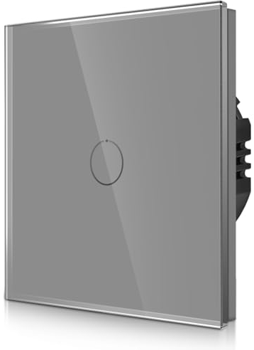 CNBINGO 1-Way Touch Light Switch - Grey Wall Switch with Glass Panel and Status-LED Backlight - No Neutral Wire Required - 500 W - 1 Gang