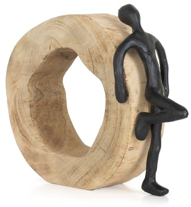 Moritz Stillness 18,5 cm Schwarz – Mangoholz Dekofigur Skulptur modern Ruhe | Aluminiumfigur auf Naturholzring, Handarbeit und Unikat, für Regal, Sideboard und Büro, Geschenkidee zum Einzug