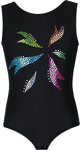 GymStern Gymnastikanzug Sterne Lycra Mädchen Turnanzug Kurzarm Kinder Turnbody kurzärmlich, Größe:146/152, Farbe:Lycra in Schwarz/FLORA