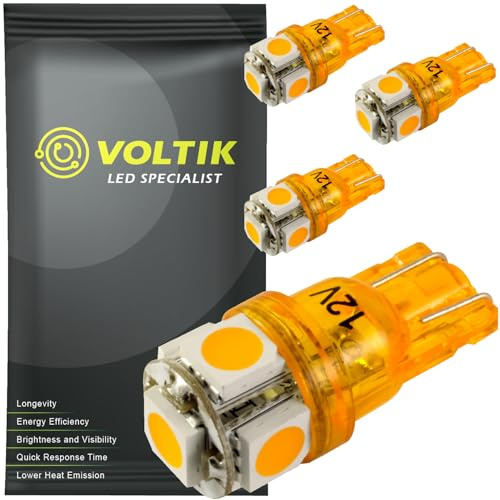 VOLTIK T10 168 194 W5W 12V LED Bulbs Amber Yellow Orange, Non-Polarity 5050 SMD Chip Replacement for Car Interior Dome License Plate Lights Motorcyle Scooter Turn Signal Indicator (Pack of 4)