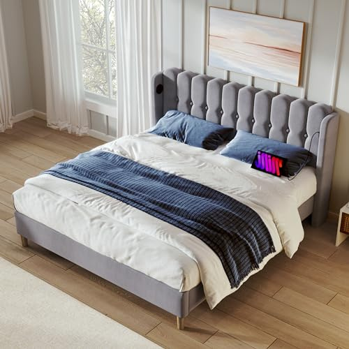 Merax Polsterbett 180x200cm, Bettgestell Doppelbett mit Lattenrost, Design Kopfteil, USB Typ C Ladefunktion, Gepolstertes Bett, Bettrahmen Jugendbett für Schlafzimmer Gästezimmer, Leinen, Grau
