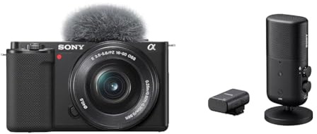 Sony Alpha ZV-E10 | APS-C spiegellose Vlog-Kamera (schwenkbarer Bildschirm für Vlogging, 4K-Video, Echtzeit-Augen-Autofokus) Schwarz + SEL1650 Objektiv ECM-S1 kabelloses Standmikrofon