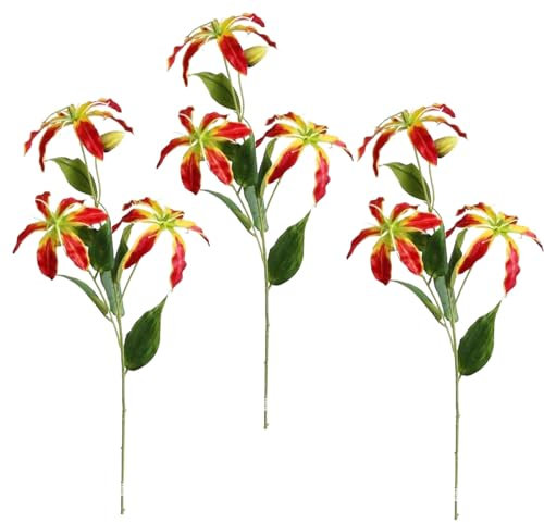 BEIJIALY Lot de 3 Fausses Fleurs Artificielles en Spray au Toucher Réel, Fausses Fleurs de Lys Gloriosa, Bouquets de Fleurs de Lys Imitation Flamme, Bouquets de Fleurs de Printemps,(Rouge Pastel)